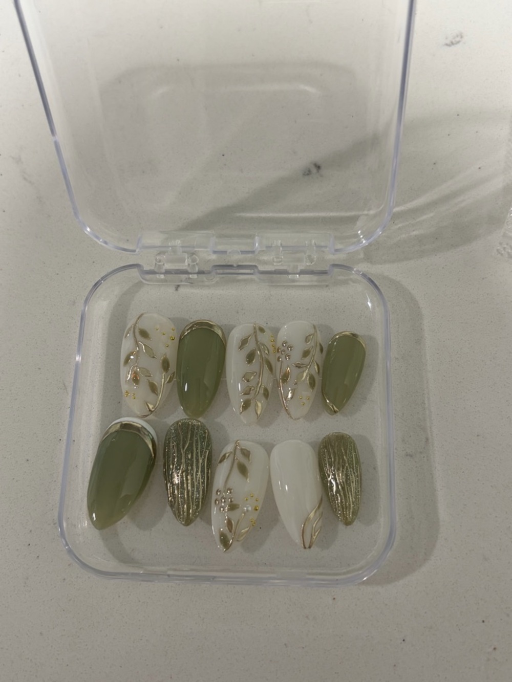 Olive Green & White Press-On Nail Set with Gold Accents
